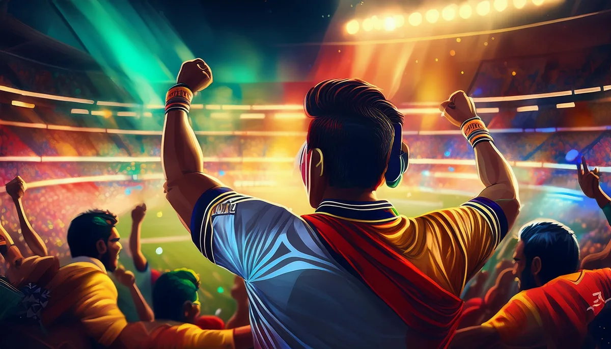 Illustrated fan raising both arms in celebration inside a glowing cricket stadium