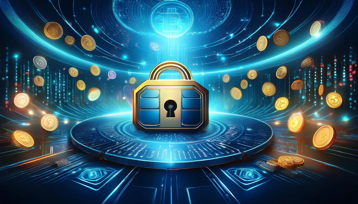 Golden padlock surrounded by coins representing account and payment safety