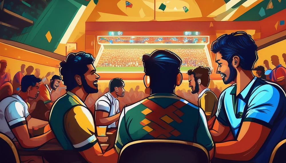 Illustrated fans watching a stadium screen from a lounge with drinks and devices