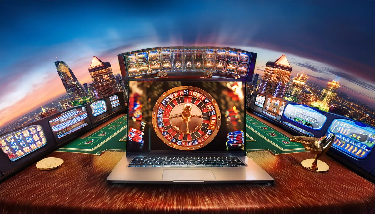 Laptop showing a roulette lobby surrounded by glowing casino screens over a city skyline