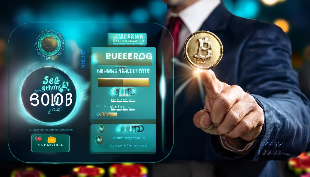 Man pointing at a glowing translucent app panel with account and security cards
