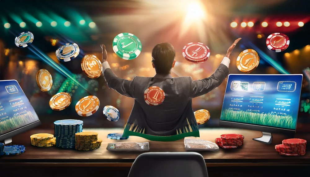 Man at a desk with two monitors showing betting screens as chips fly around him