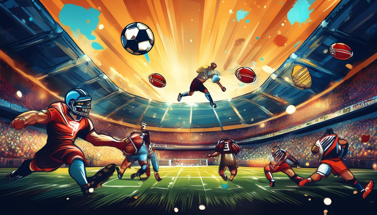 Comic-style artwork of athletes and flying sports balls inside a stadium