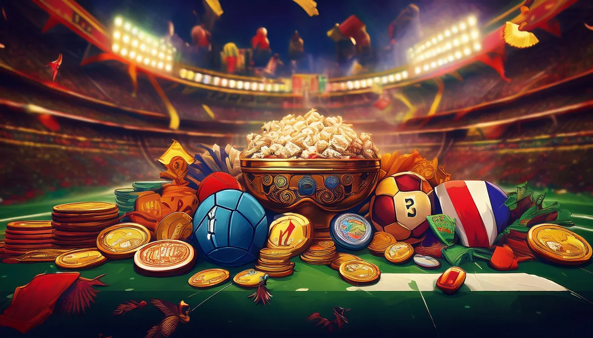 Popular sports events banner with stadium, footballs and winning coins