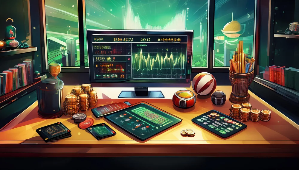 Illustrated desk with exchange odds screens, casino chips and a cricket ball
