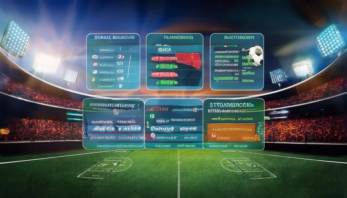 Football and cricket stadium at night with floating market panels showing live prices above the pitch