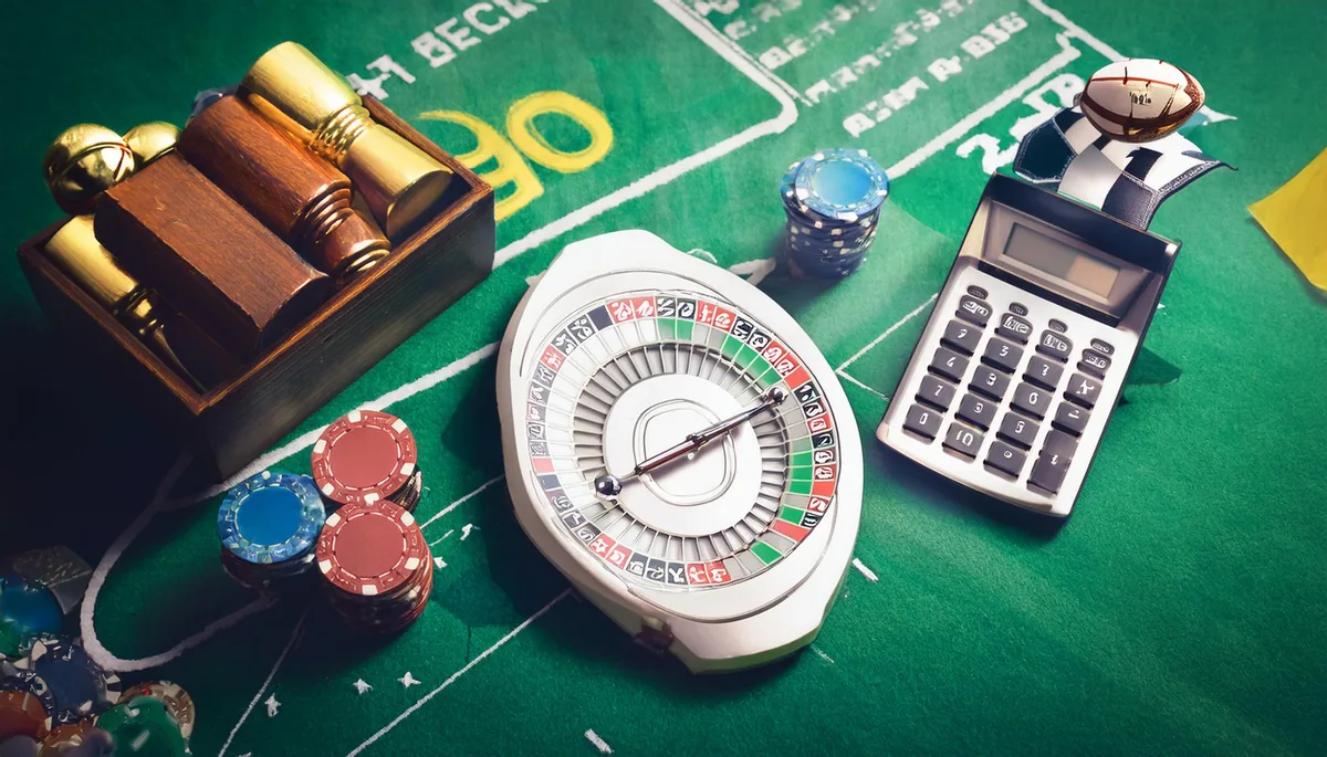 Calculator, chips and a small wheel on green baize, representing decimal odds and implied probability sums