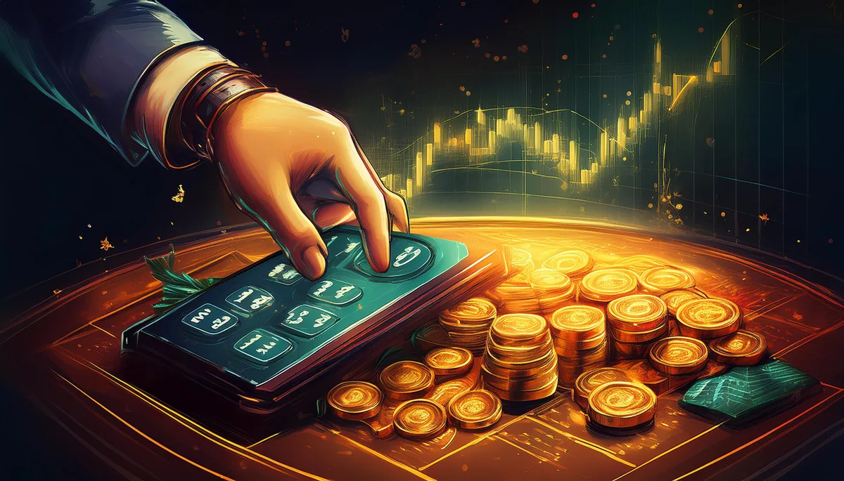 Hand tapping a payment app on a phone with stacked gold coins beside it