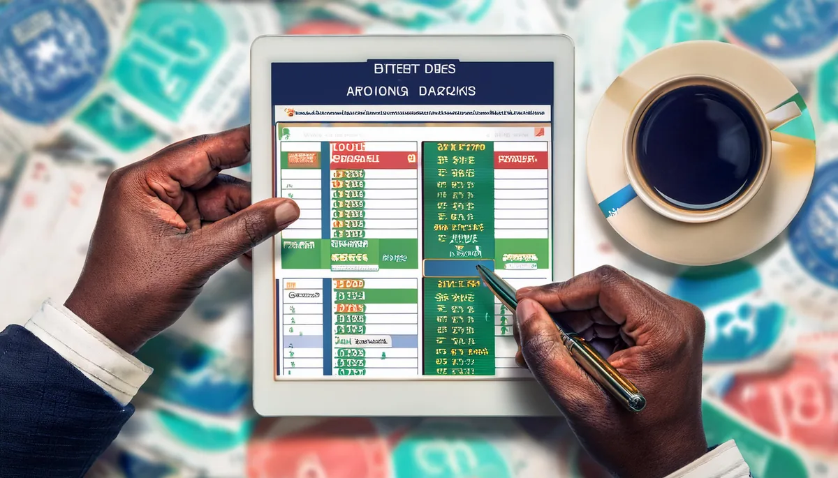 Hands using a tablet showing a cricket odds sheet beside a cup of coffee