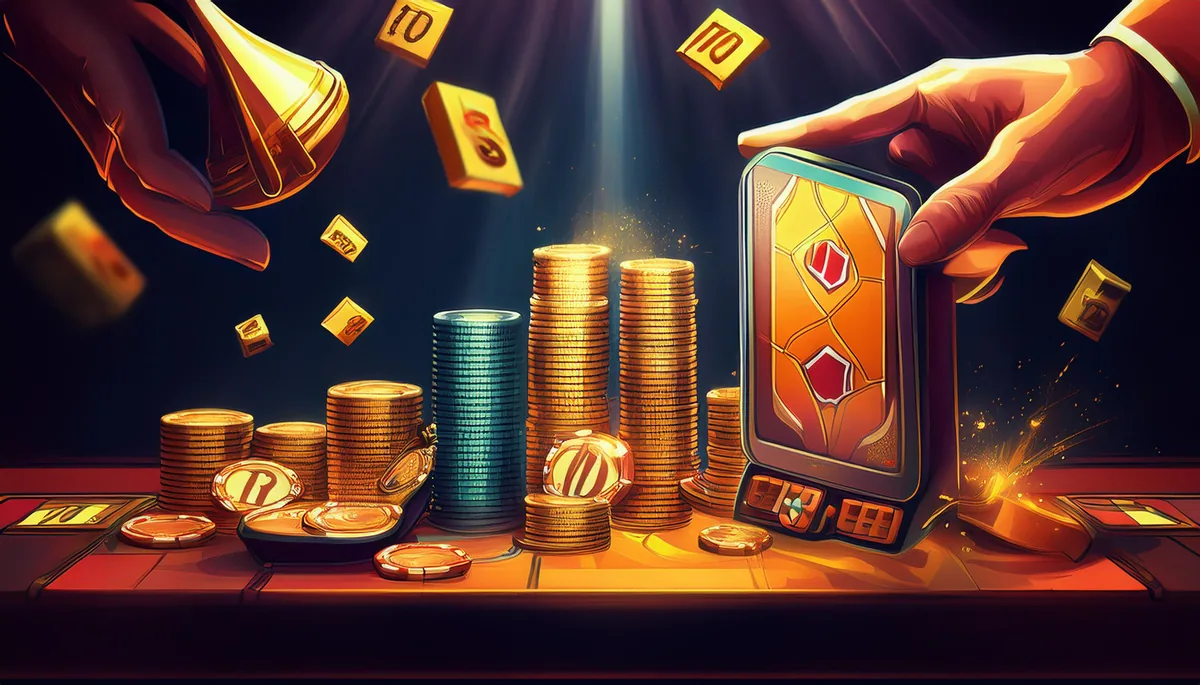 Smartphone showing security shield icons surrounded by stacked coins and chips