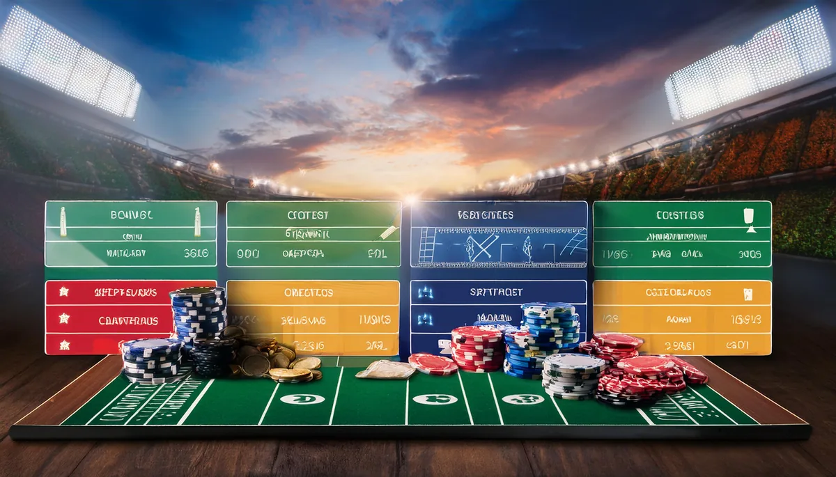 Floodlit cricket stadium at dusk with betting market boards and chips in the foreground