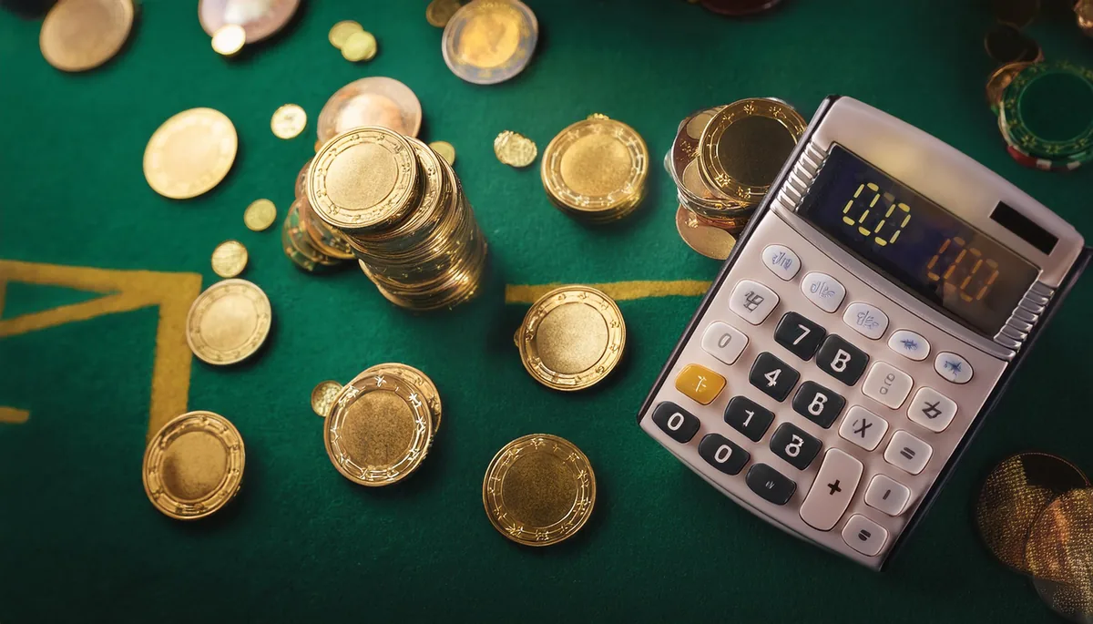Gold coins scattered on a green felt table next to a calculator, illustrating minimum deposit maths