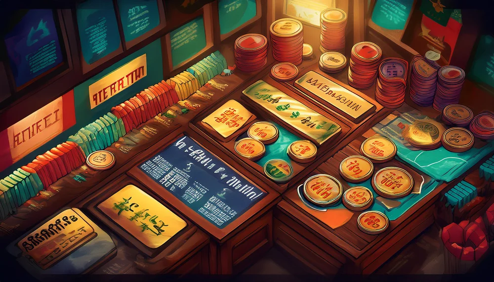 Payment counter with stacked coins, tokens and receipts under warm light, representing a UPI deposit desk