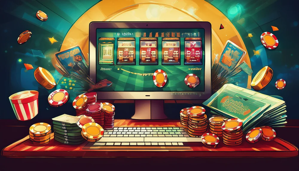 Illustrated computer screen showing slot cabinets surrounded by chips and coins