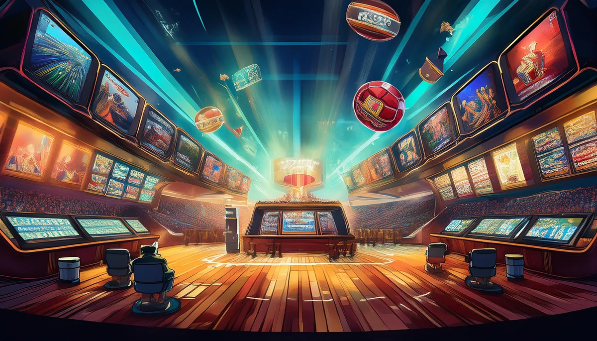 Grand illustrated casino hall lined with glowing game screens and floating balls