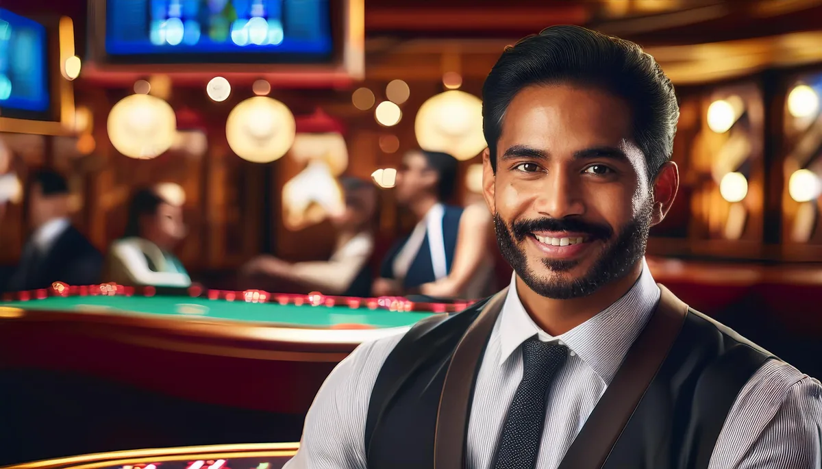 Smiling live casino dealer standing before a green table in a studio