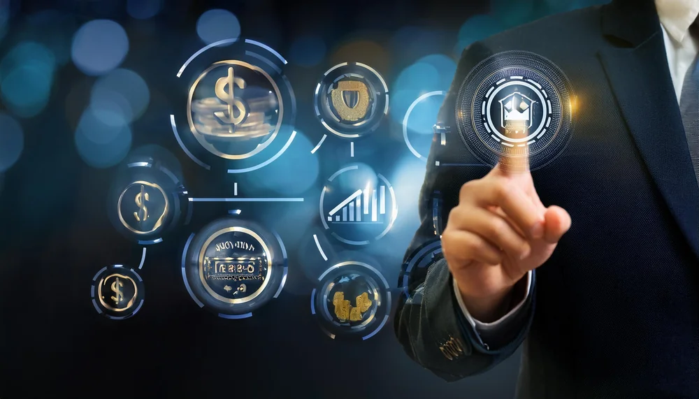 Businessman touching glowing icons of money, charts and probability symbols
