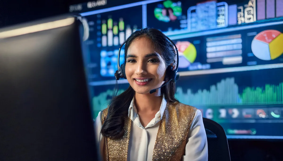 Support agent with a headset smiling in front of gaming dashboards
