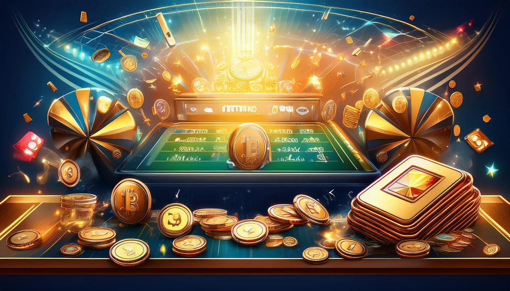 Golden game table with stacked playing cards, coins and prize wheels