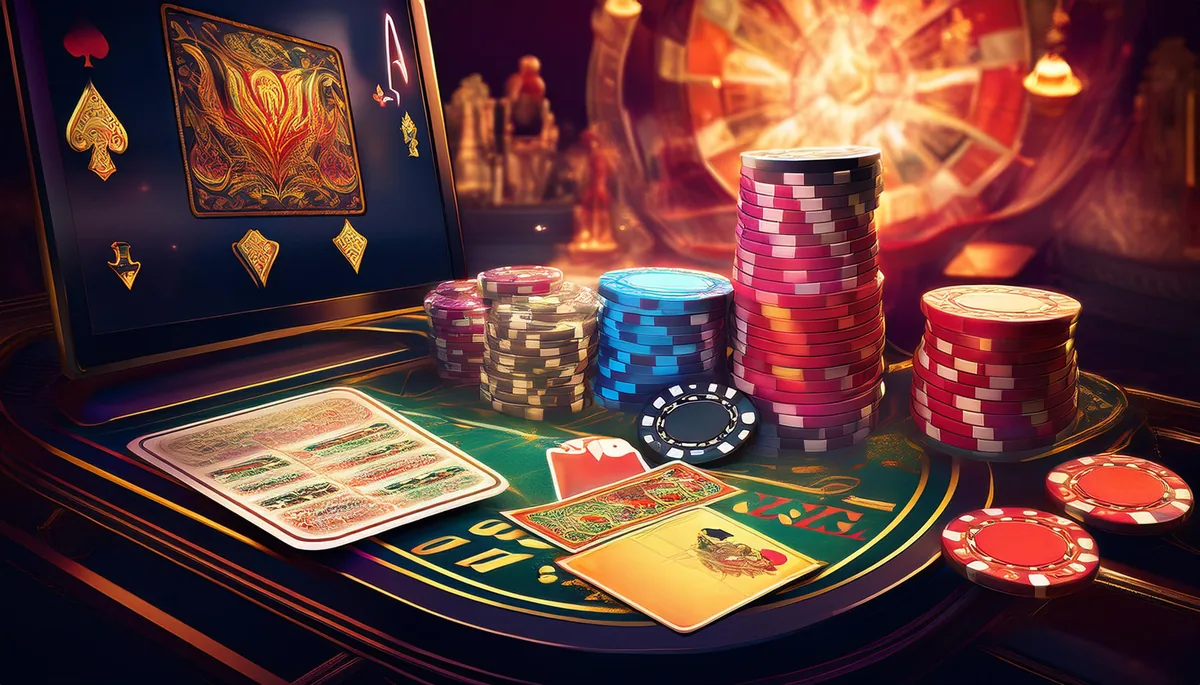 Premium casino table with cards, chips and a glowing art screen