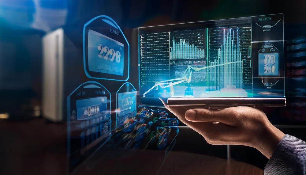 Hand holding a transparent screen with live cricket odds charts and statistics