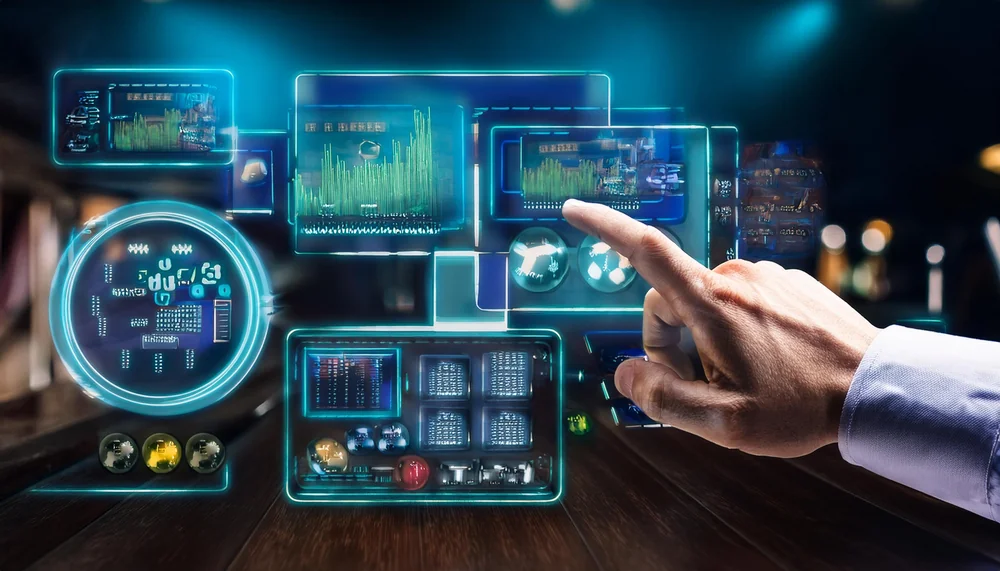 Finger interacting with floating holographic betting screens showing odds charts and market panels