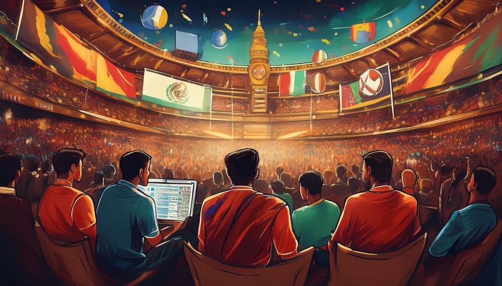 Illustrated group of friends discussing a cricket match inside a stadium lounge