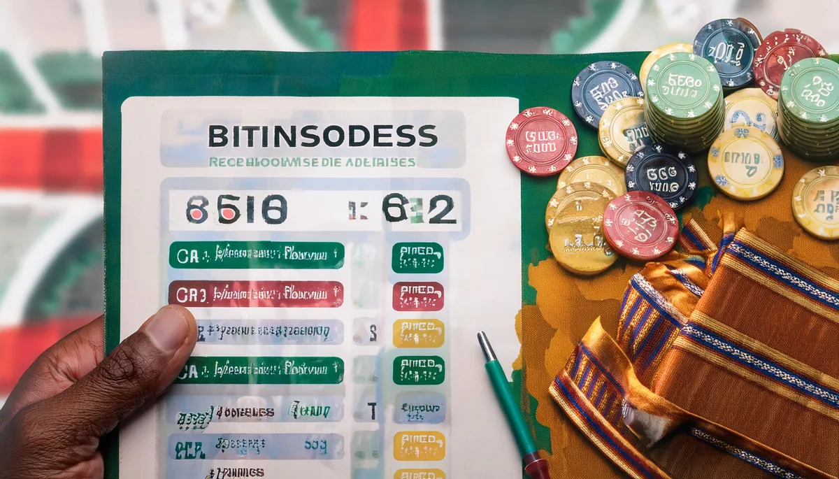 Hand holding a cricket betting scorecard beside stacks of gaming chips