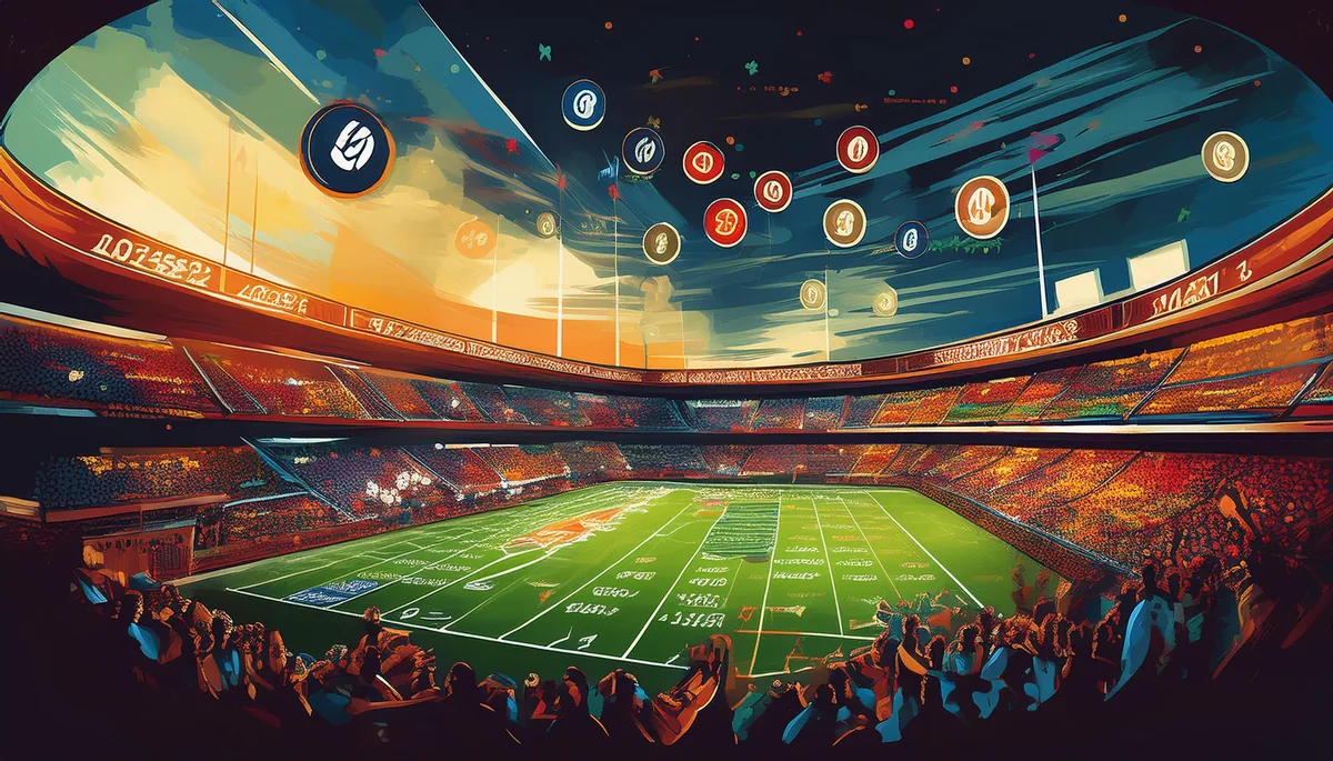 Stylised virtual cricket stadium with floating team badges above a floodlit pitch