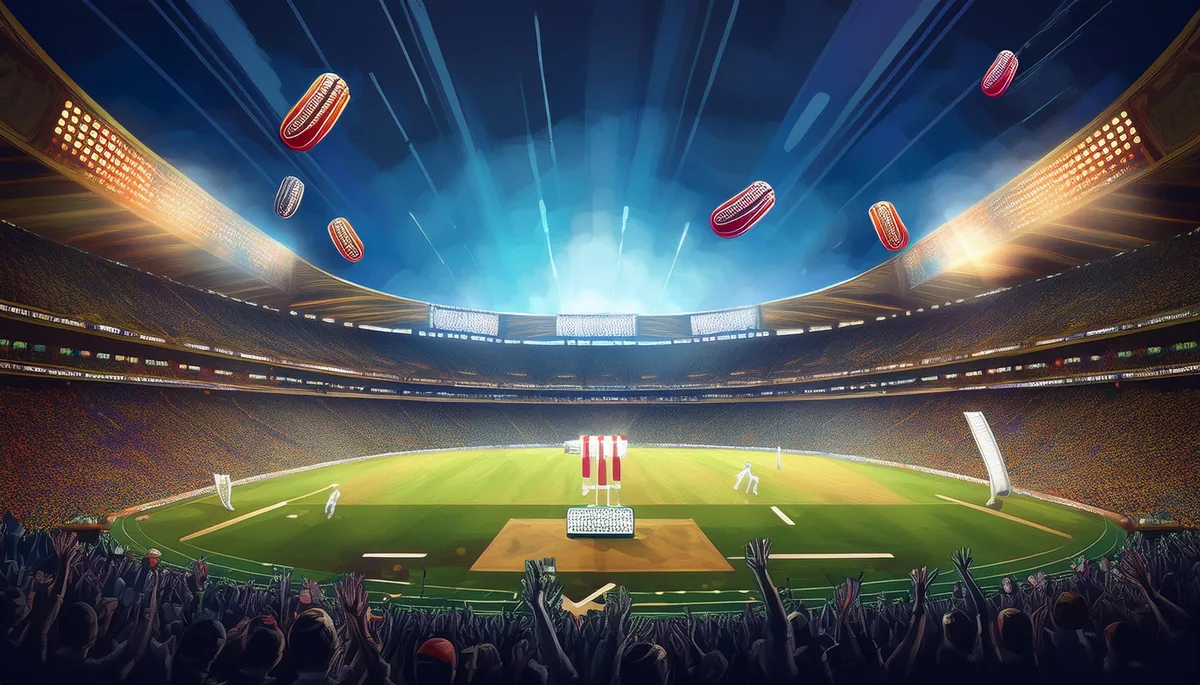 Packed cricket stadium under lights with bats and balls flying over the pitch