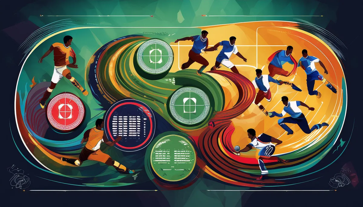 Stylised artwork of cricketers and match statistics swirling across a coloured pitch