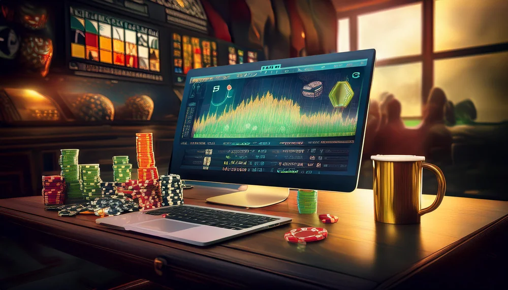 Desktop trading screen with live market charts beside stacks of betting chips on a desk
