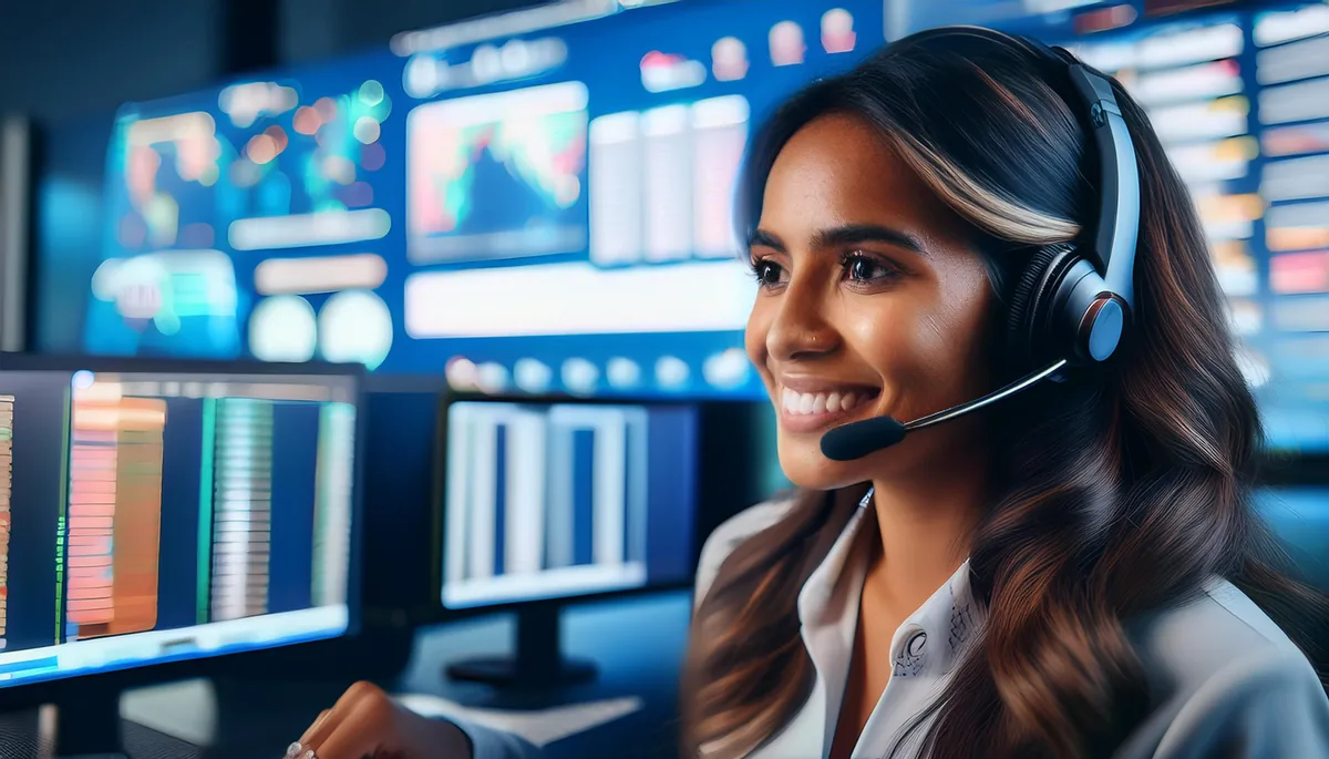 Support agent with headset helping players in front of live market screens