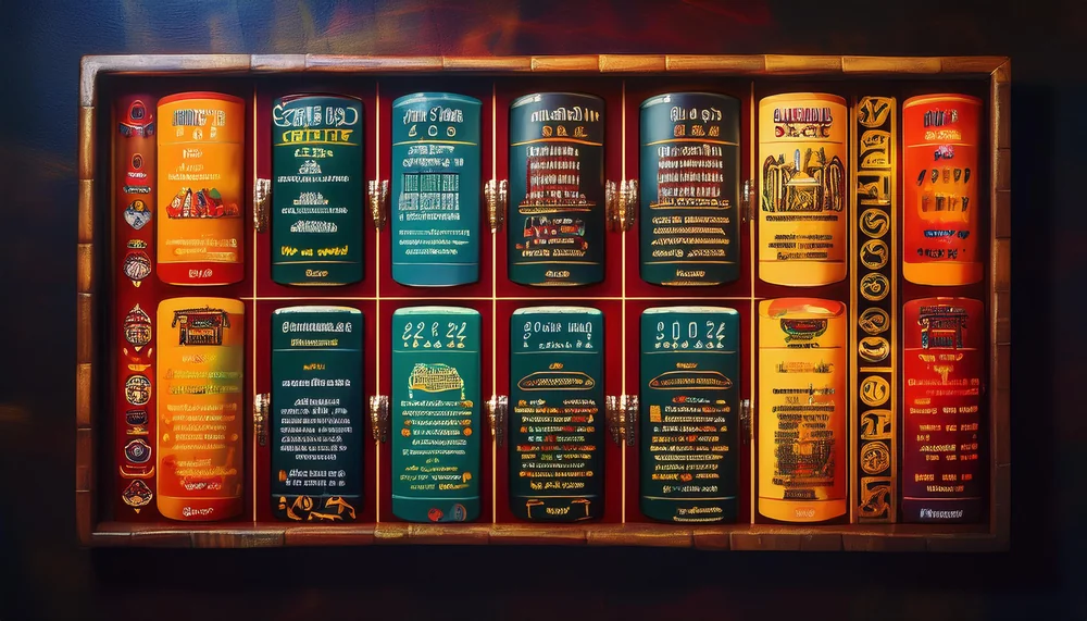 Framed grid of colourful vintage game labels arranged like a directory board
