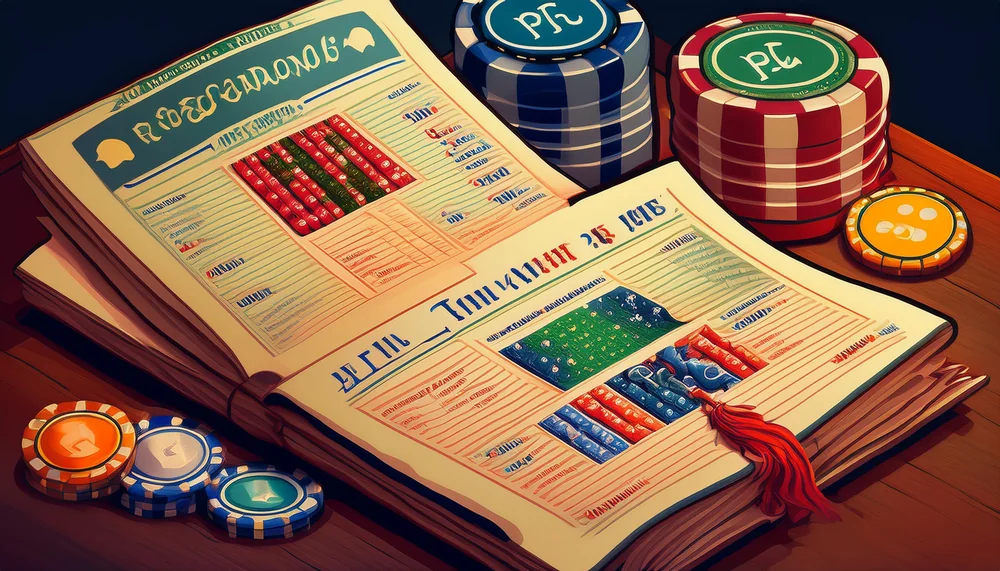 Illustrated open handbook with betting tables beside stacks of casino chips