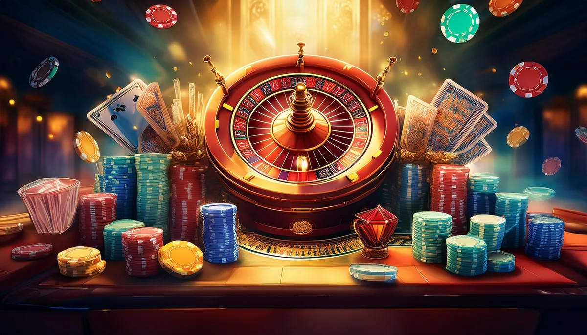 Golden roulette wheel surrounded by floating chips and playing cards