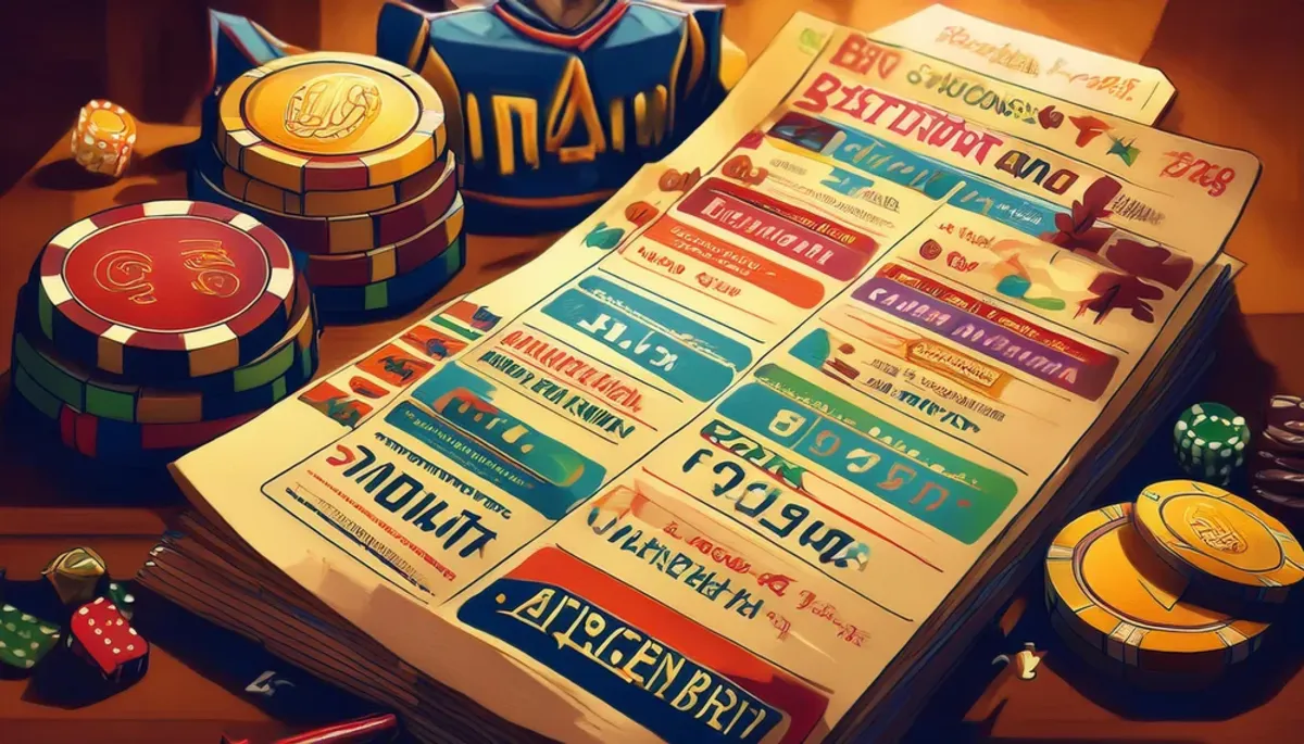 Printed sheet of betting terms beside stacks of casino chips on a wooden table