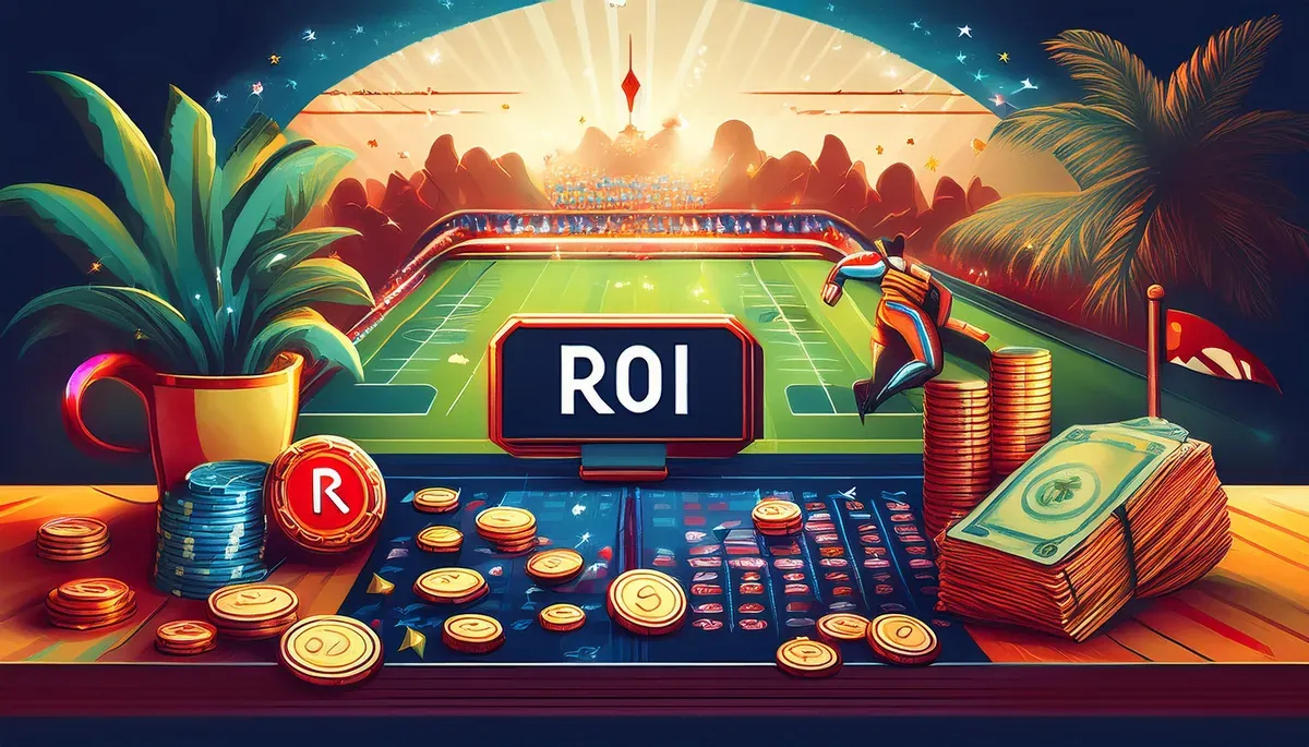 Stacks of banknotes and coins on a stadium-themed table with a sign reading ROI