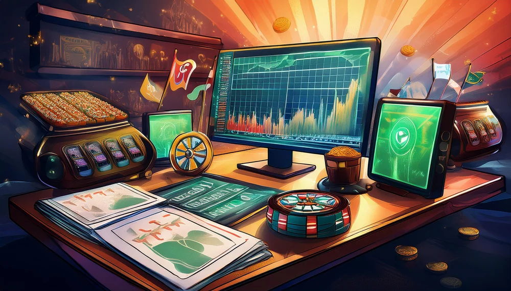Illustrated betting desk with market charts, roulette wheel and game screens
