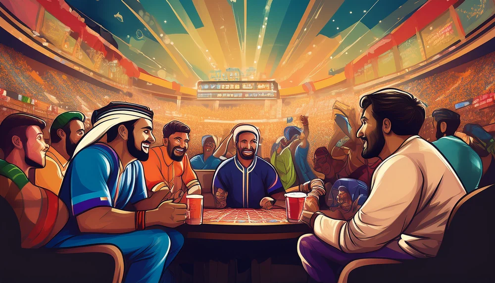 Illustrated group of Indian cricket fans sharing a table inside a packed stadium