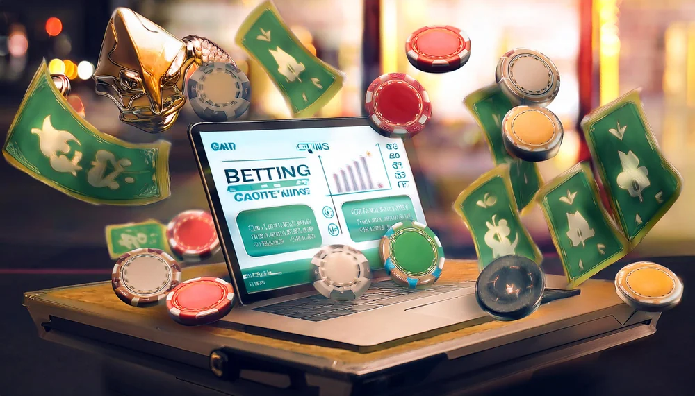 Laptop showing a betting screen with cash notes and gaming chips scattered around it
