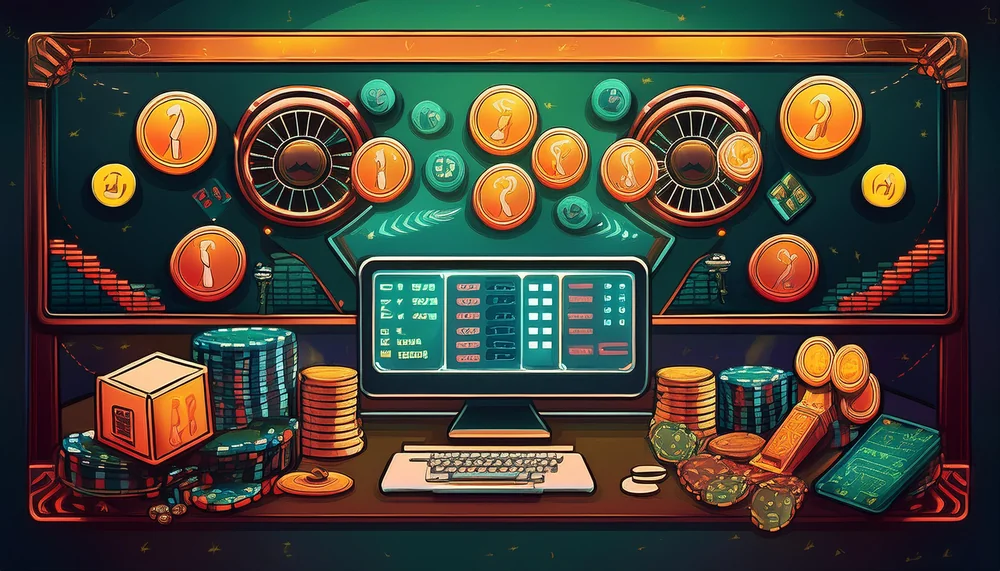 Illustrated control desk with a monitor showing account panels surrounded by coins and chips