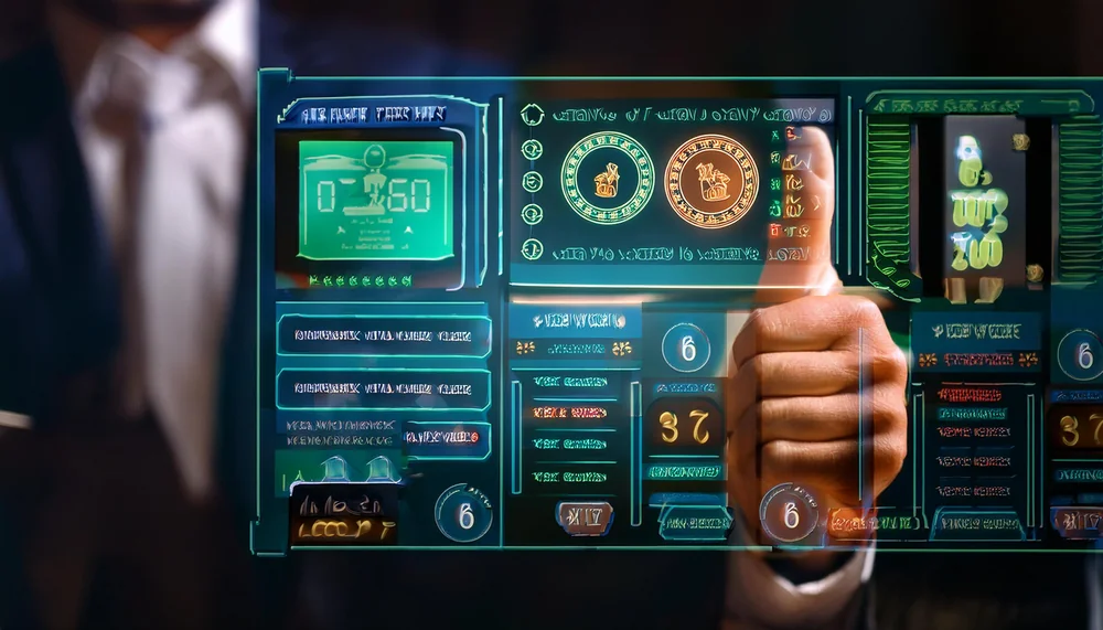 Hand giving a thumbs up in front of a glowing account dashboard with balance panels