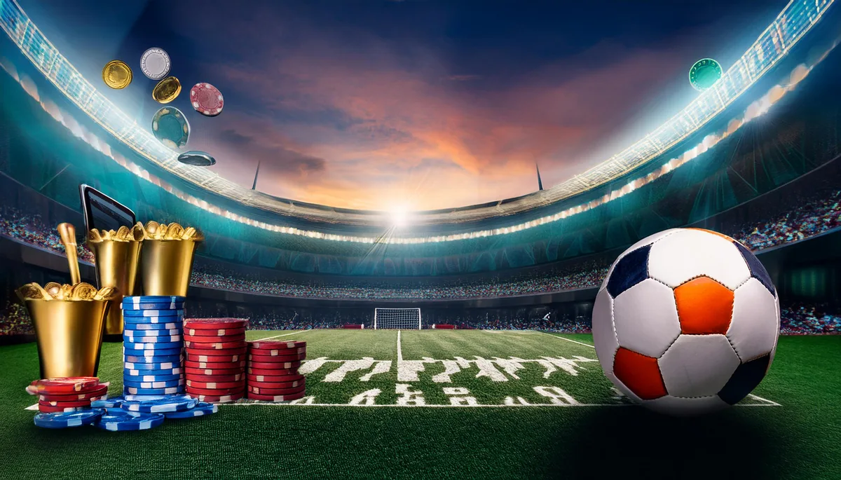 Football stadium at dusk with chips and coins stacked beside the pitch