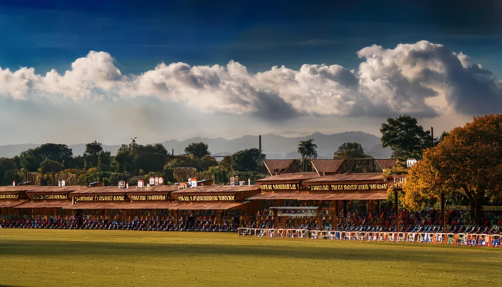 Cricket ground pavilion under dramatic clouds on a sunny afternoon