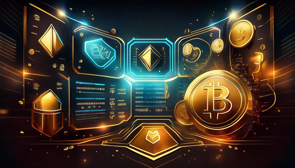 Futuristic golden trading panel with glowing market tiles and price lists