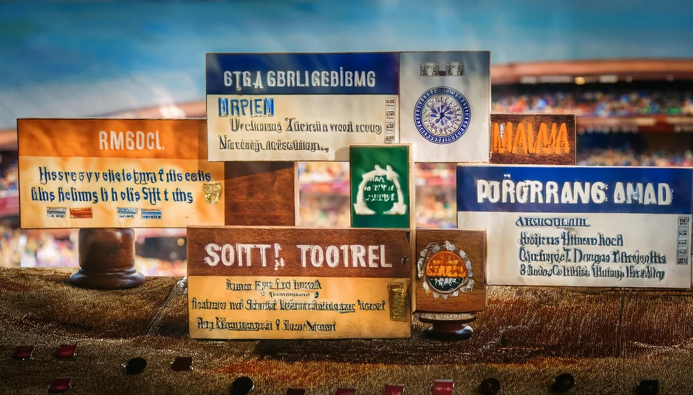 Vintage painted sports signboards stacked in front of a sunlit stadium