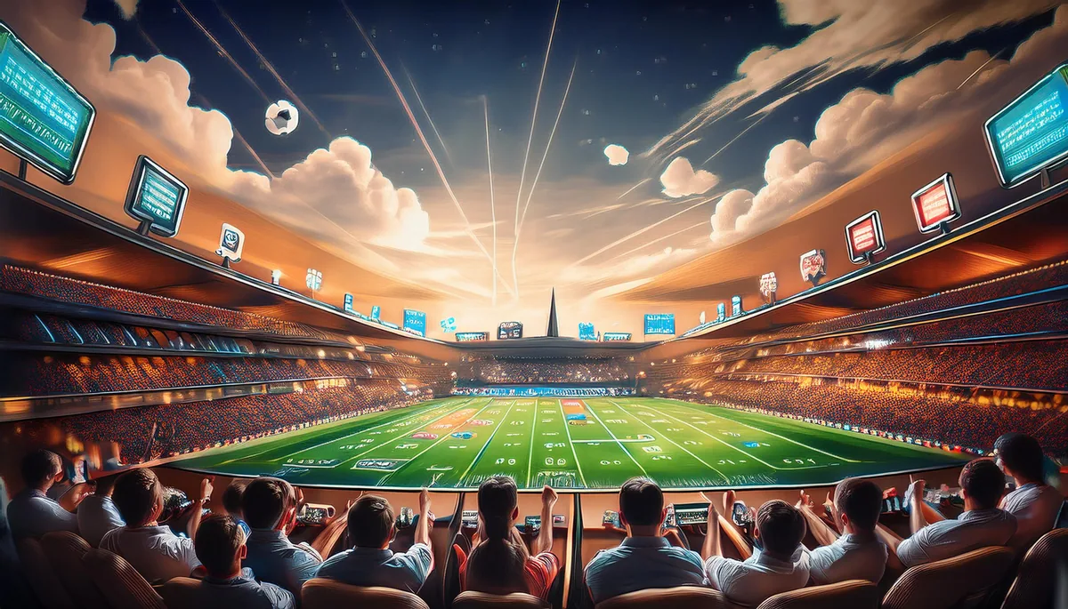 Fans in a packed stadium following live in-play action on giant screens