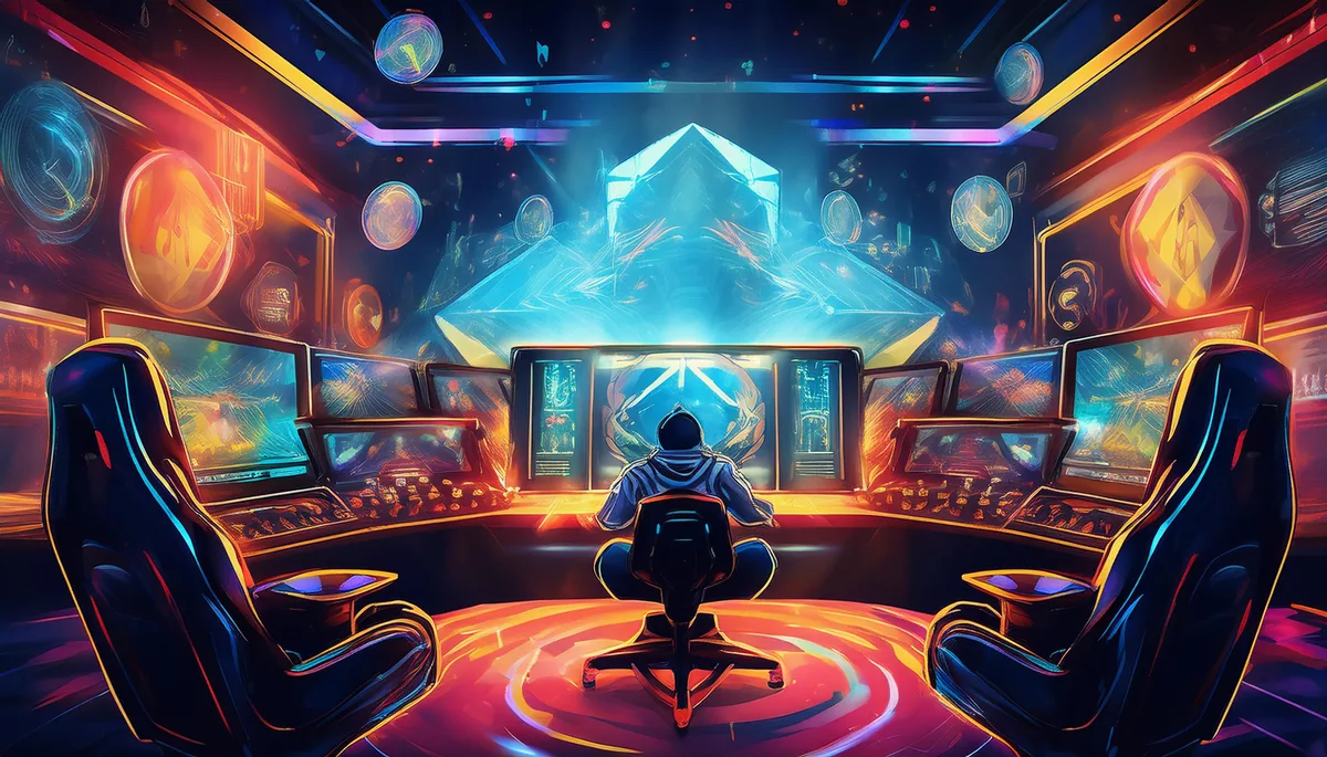 Neon gaming arena with a player facing simulated sports screens