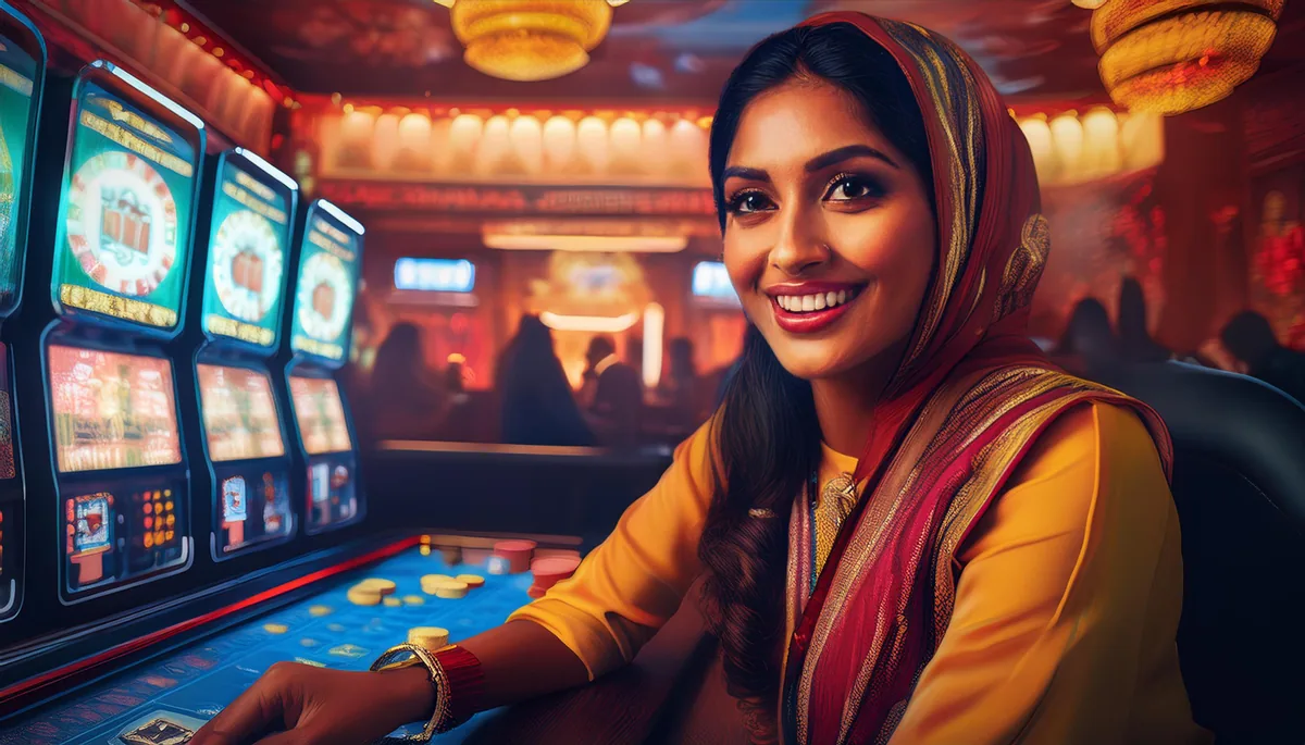 Smiling woman playing slot machines in a live casino lounge